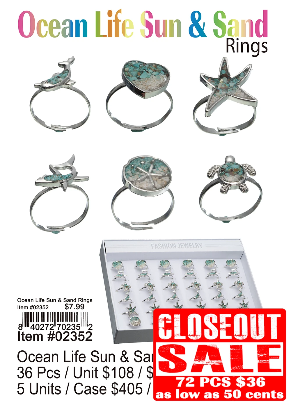 Ocean Life Sun and Sand Rings 72 Pcs.